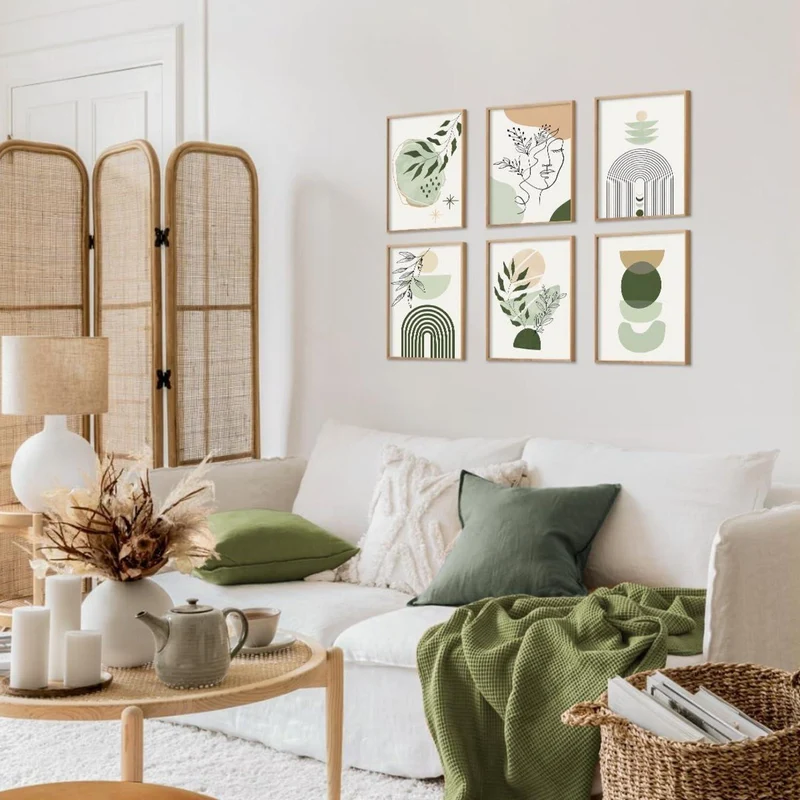 Salbeigrüne Boho Leinwand Poster Wandbilder 20x25cm 6er Set