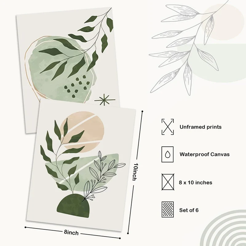 Salbeigrüne Boho Leinwand Poster Wandbilder 20x25cm 6er Set