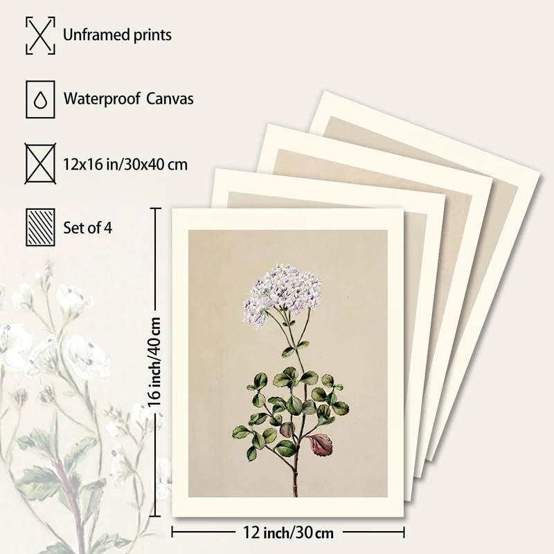 Boho Vintage Blumen Wandbilder 30x40 cm 4er Set