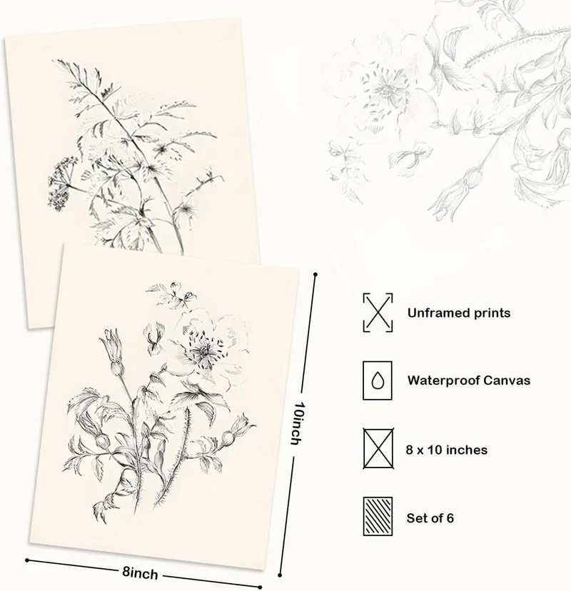 Vintage Blumen Leinwand Poster Set, Botanische Kunstdrucke