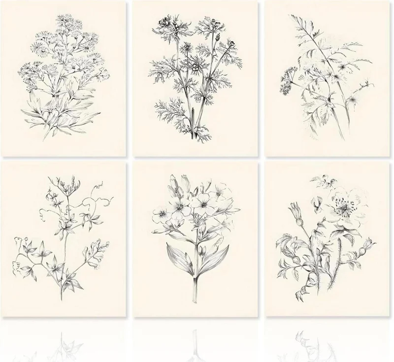 Vintage Blumen Leinwand Poster Set, Botanische Kunstdrucke