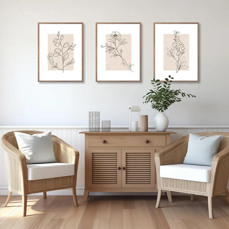 Beige Botanische Leinwand Bilder 30x40 cm 3er Set