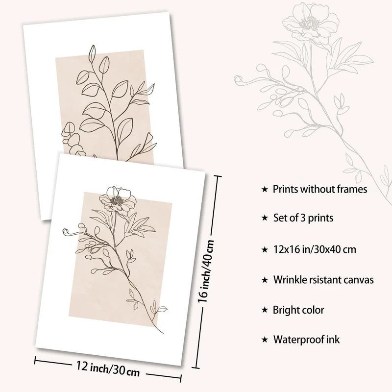 Beige Botanische Leinwand Bilder 30x40 cm 3er Set