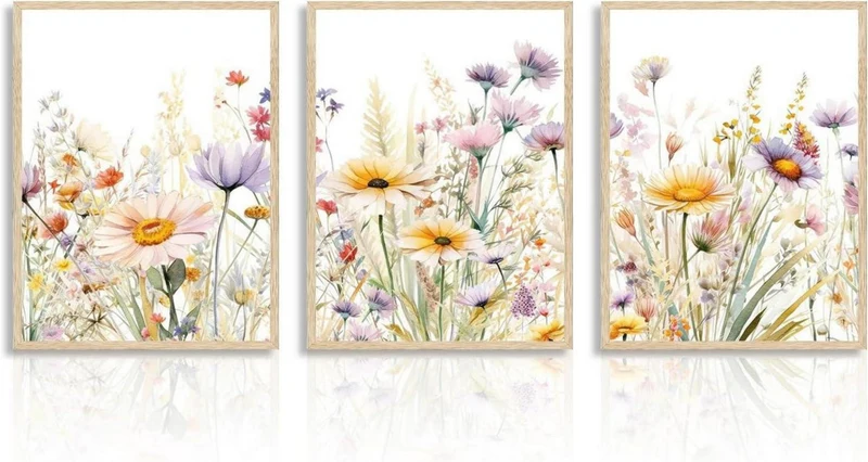 3er Set Leinwandbilder Aquarell Wildblumen 30x40 cm Un gerahmt