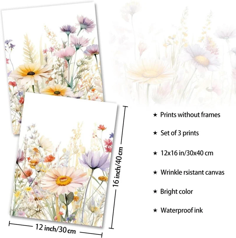 3er Set Leinwandbilder Aquarell Wildblumen 30x40 cm Un gerahmt