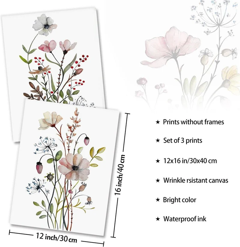 Botanische Blumen Wandbilder Set für Wohnzimmer Deko 30x40
