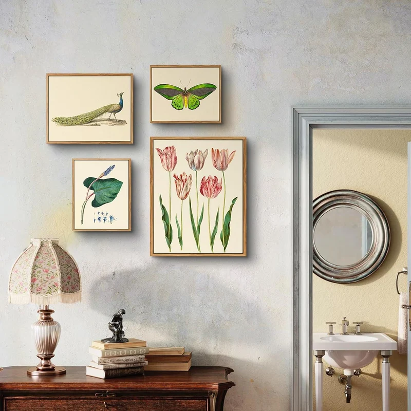 Vintage Blauer Pfau Leinwandbild mit Holzrahmen 30x40cm
