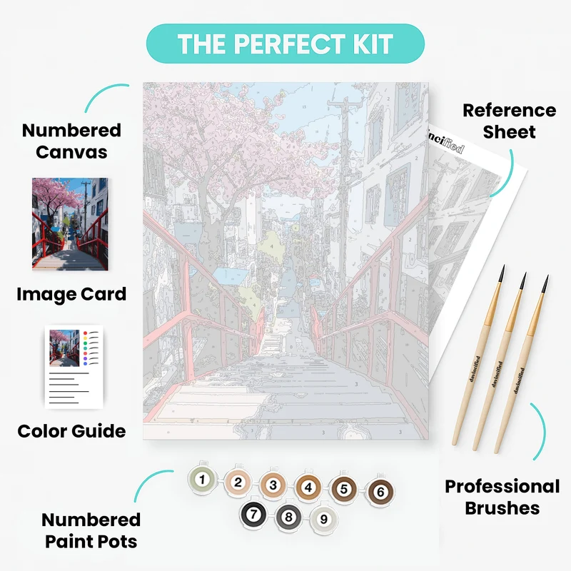 Japanese Cherry Blossom Street Steps - Paint by Numbers Kit