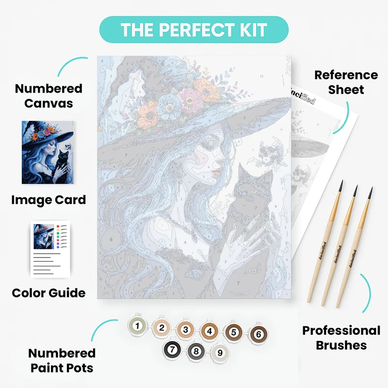 Mystical Witch with Black Cat and Floral Hat - Paint by Numbers Kit