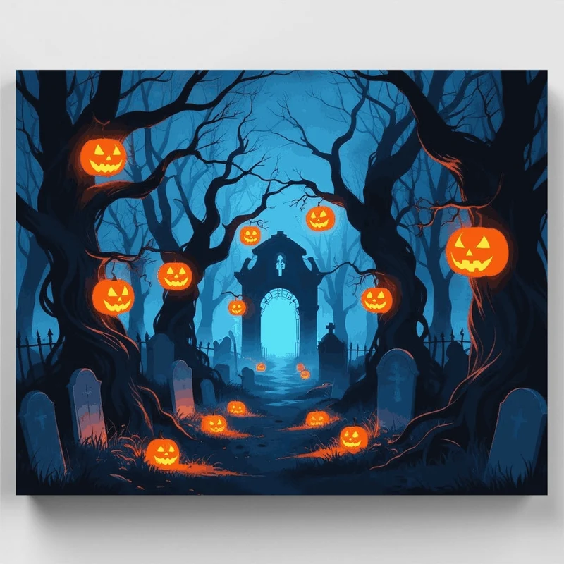 Spooky Halloween Cemetery with Glowing Jack-o'-Lanterns - Paint by Numbers Kit