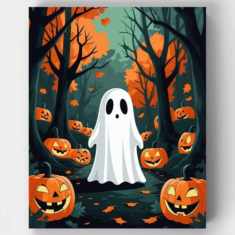 Halloween Ghost in Pumpkin Patch - Paint by Numbers Kit