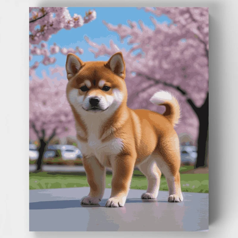Shiba Inu Under Cherry Blossoms - Paint by Numbers Kit