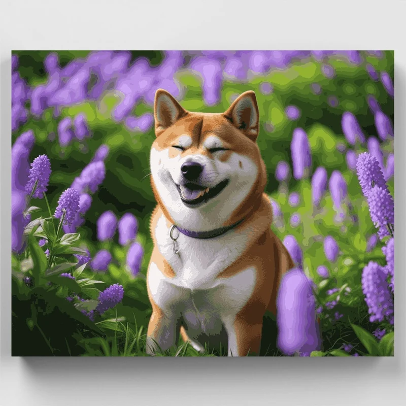 Happy Shiba Inu in Purple Flower Garden - Paint by Numbers Kit