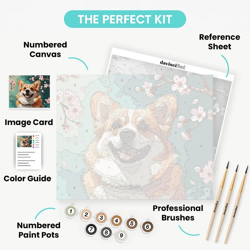 Happy Corgi with Cherry Blossoms - Paint by Numbers Kit