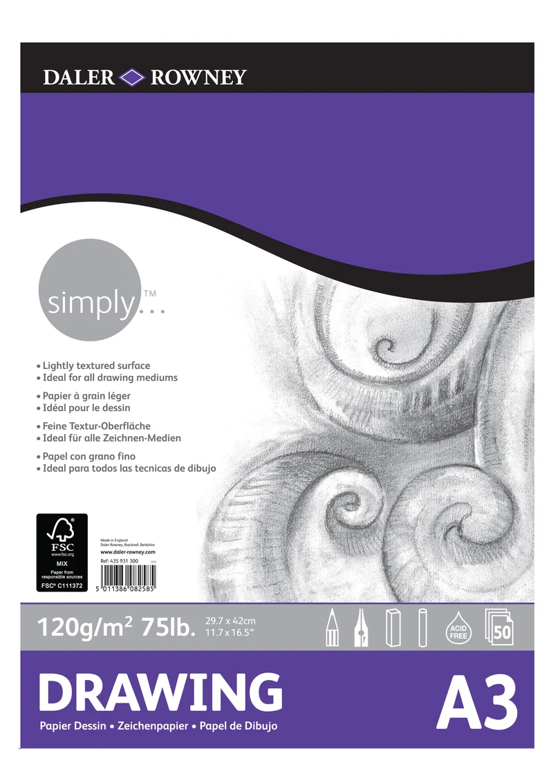 Μπλοκ σχεδίου DALER ROWNEY Simply A3, 120 g, 50 φύλλα κολλητό