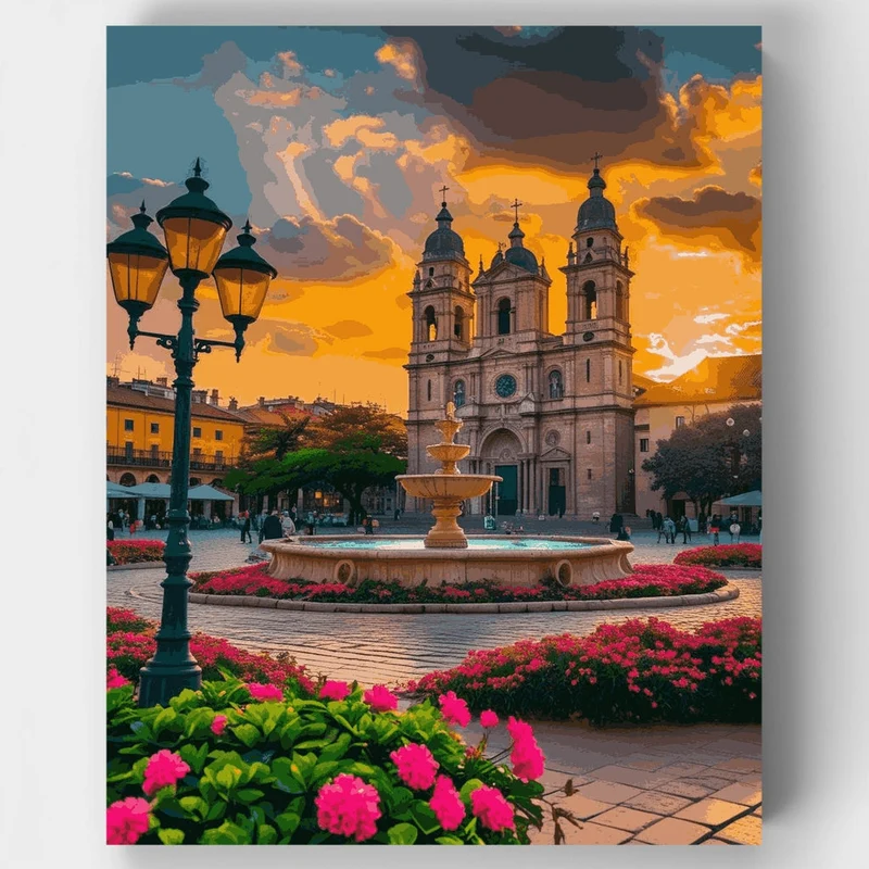 Colonial Church Square at Sunset - Paint by Numbers Kit