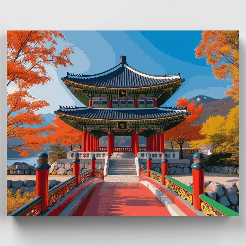 Korean Traditional Pagoda in Autumn - Paint by Numbers Kit