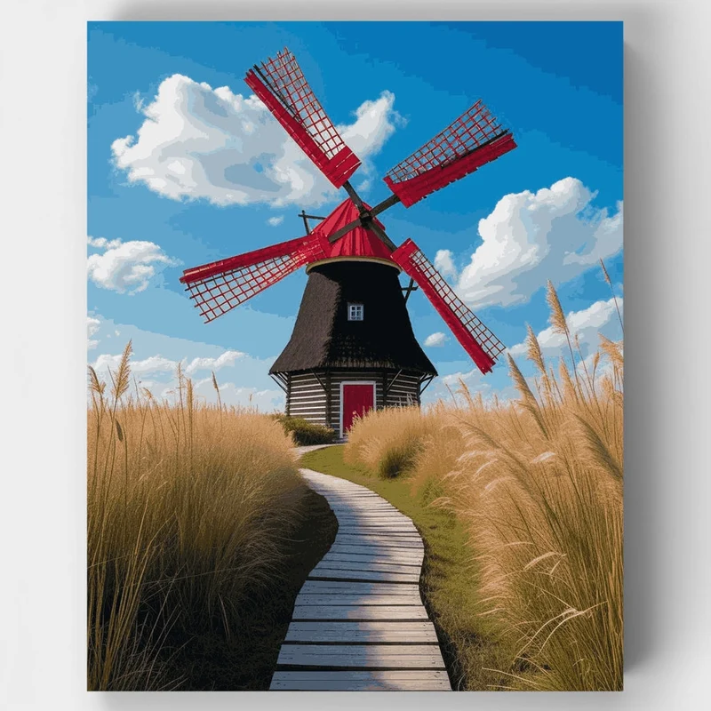 Red Windmill on Wooden Path - Paint by Numbers Kit