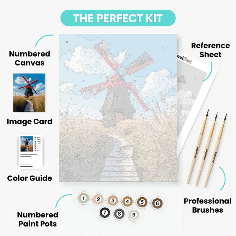 Red Windmill on Wooden Path - Paint by Numbers Kit