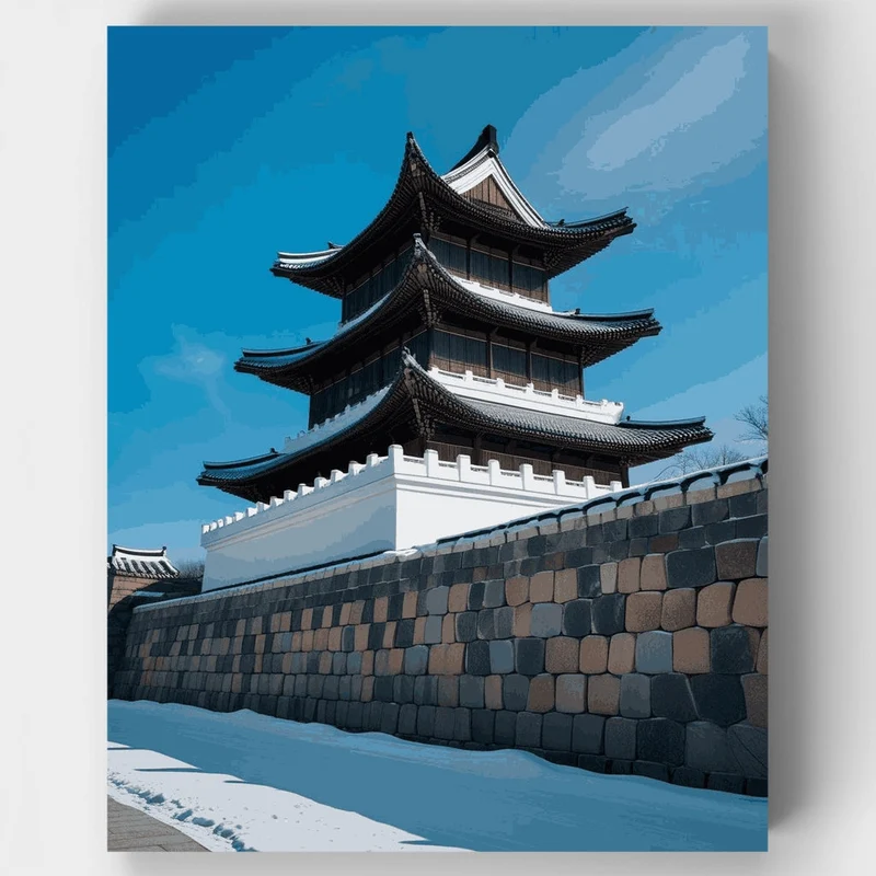 Korean Traditional Pagoda in Winter - Paint by Numbers Kit