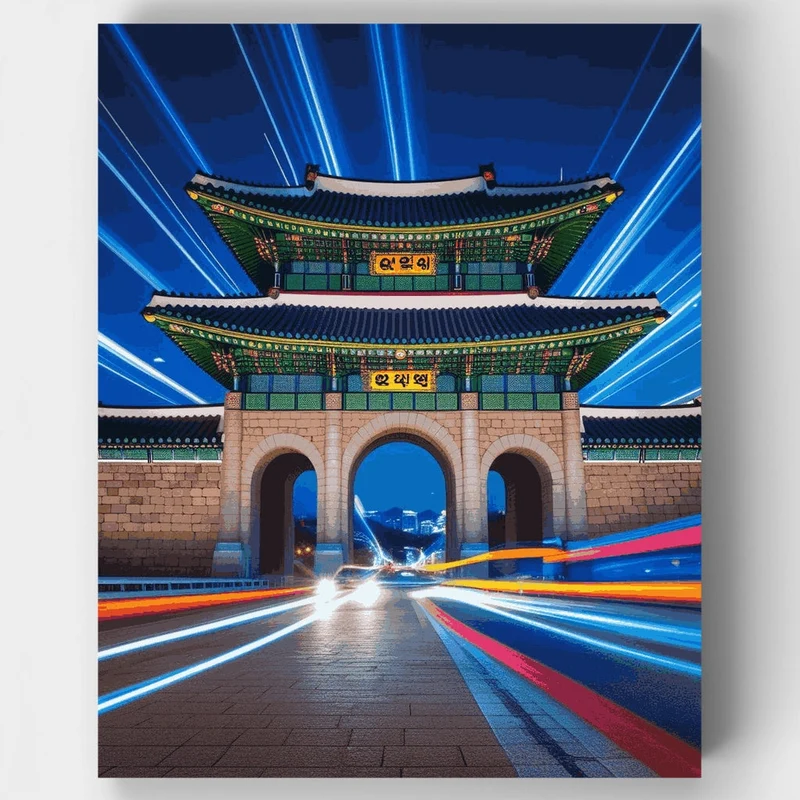 Korean Traditional Gate with Light Trails - Paint by Numbers Kit
