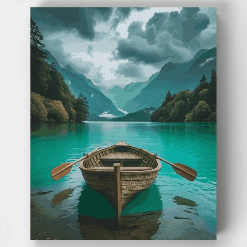 Serene Mountain Lake with Wooden Boat - Paint by Numbers Kit