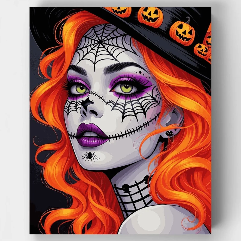 Halloween Witch with Spider Web Face Paint - Paint by Numbers Kit