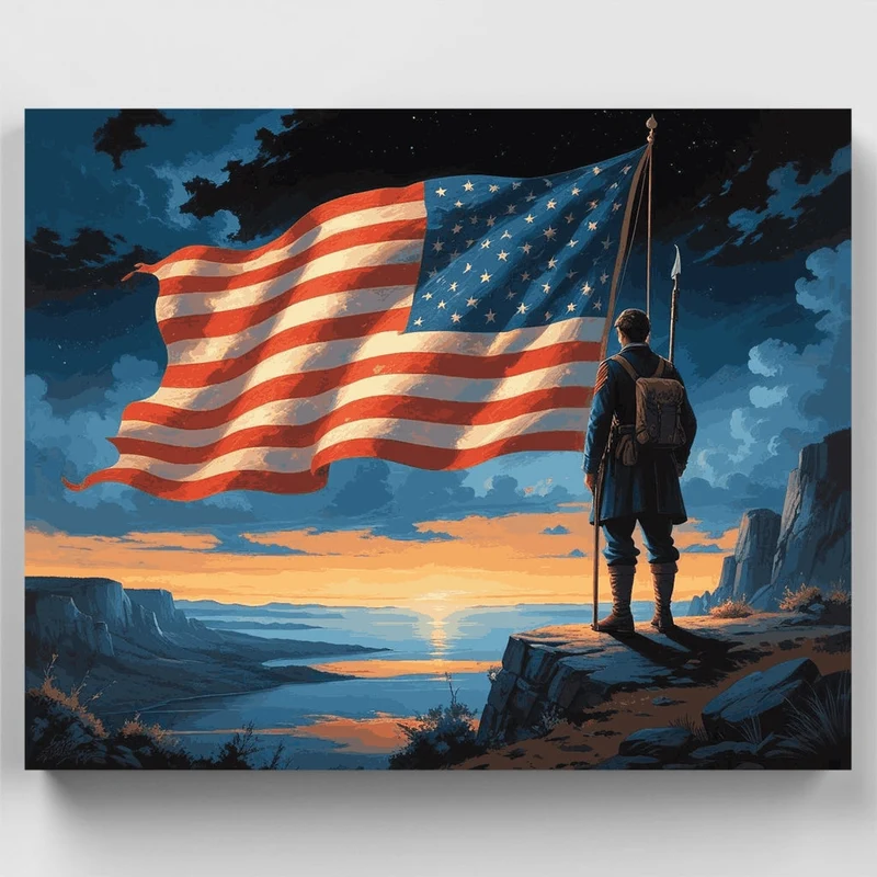 Patriotic Soldier with American Flag - Paint by Numbers Kit