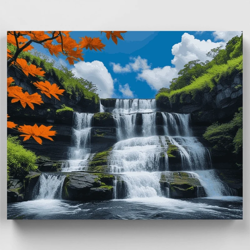 Tiered Waterfall with Autumn Leaves - Paint by Numbers Kit