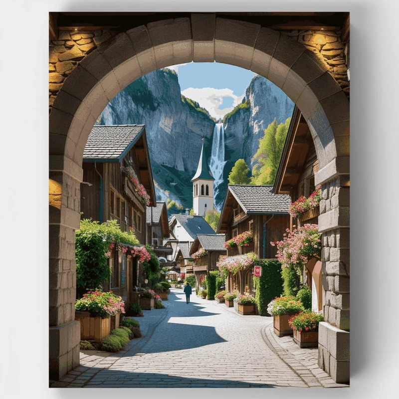Swiss Alpine Village Gateway - Paint by Numbers Kit