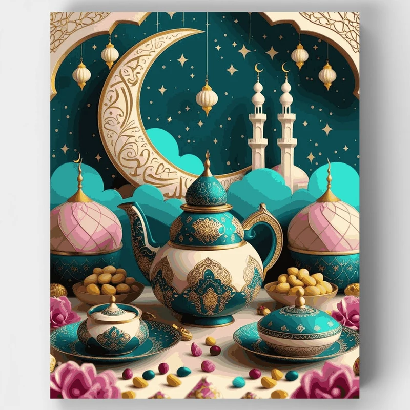 Islamic Tea Set with Crescent Moon - Paint by Numbers Kit