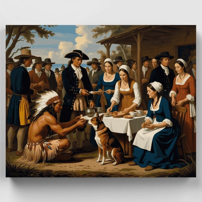 Colonial Feast with Native American - Paint by Numbers Kit