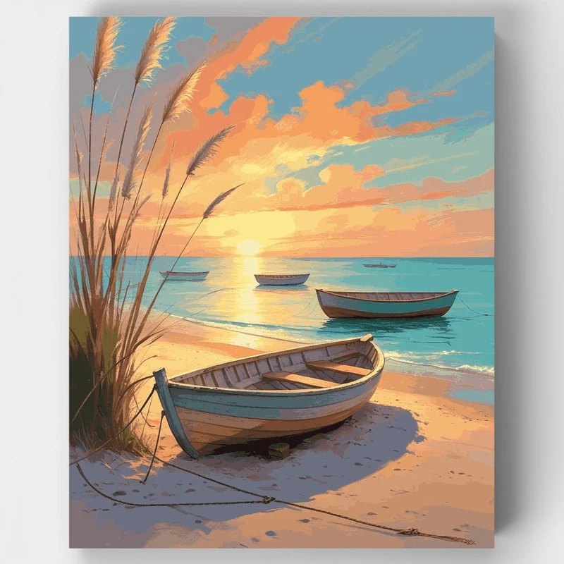 Coastal Sunset with Boats - Paint by Numbers Kit