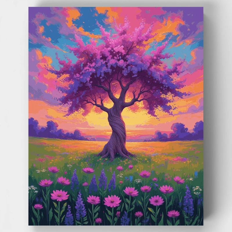 Magical Purple Tree in Blooming Meadow - Paint by Numbers Kit