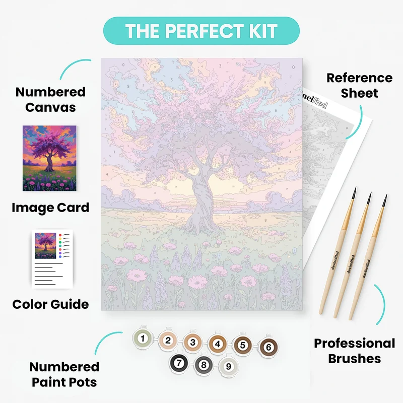 Magical Purple Tree in Blooming Meadow - Paint by Numbers Kit