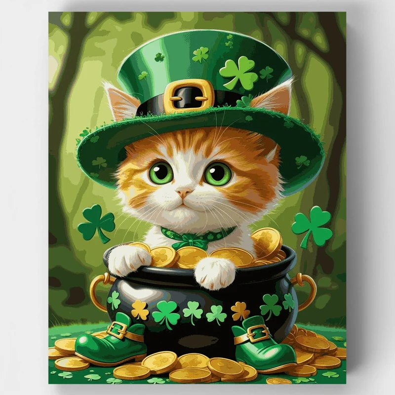 Lucky Leprechaun Kitten with Pot of Gold - Paint by Numbers Kit
