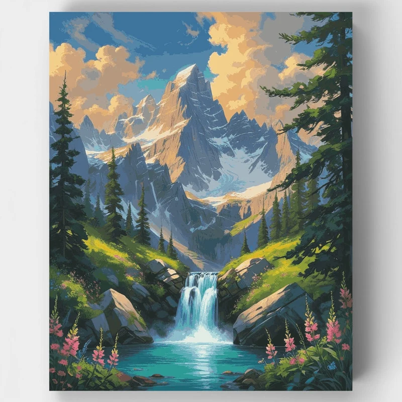 Alpine Waterfall with Snowy Peaks - Paint by Numbers Kit