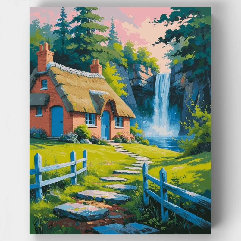 Cottage by the Waterfall - Paint by Numbers Kit