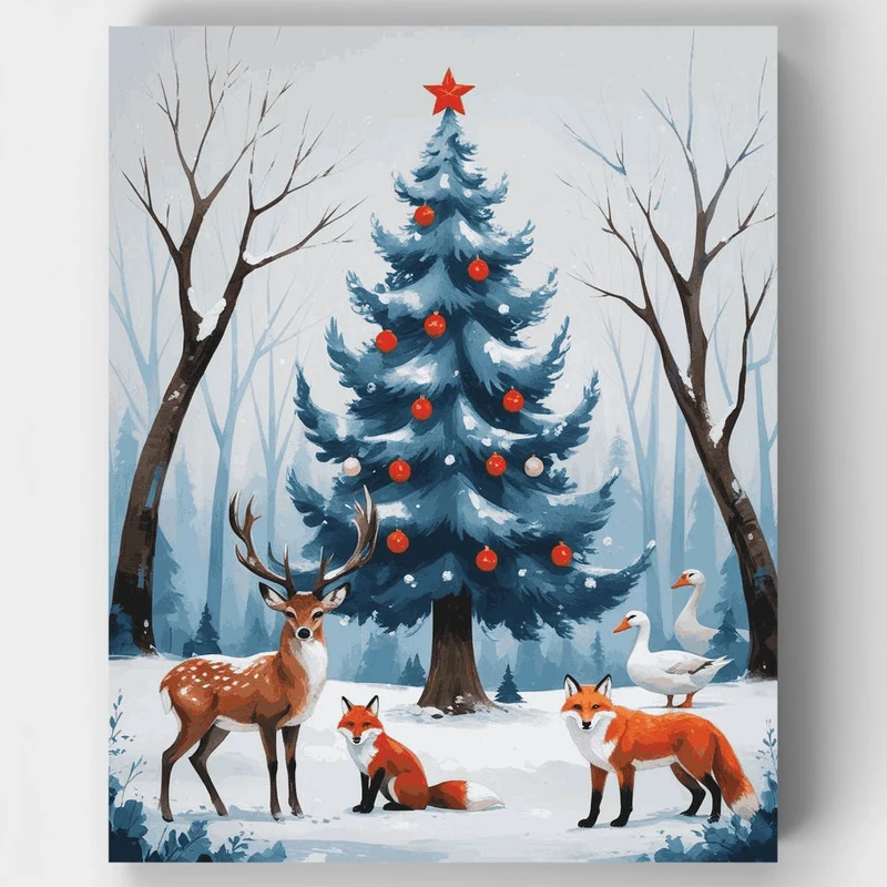 Winter Forest Christmas Tree with Wildlife - Paint by Numbers Kit