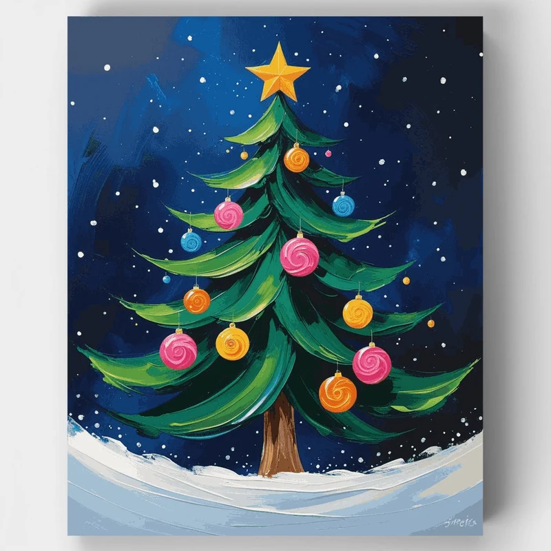 Whimsical Christmas Tree with Swirl Ornaments - Paint by Numbers Kit