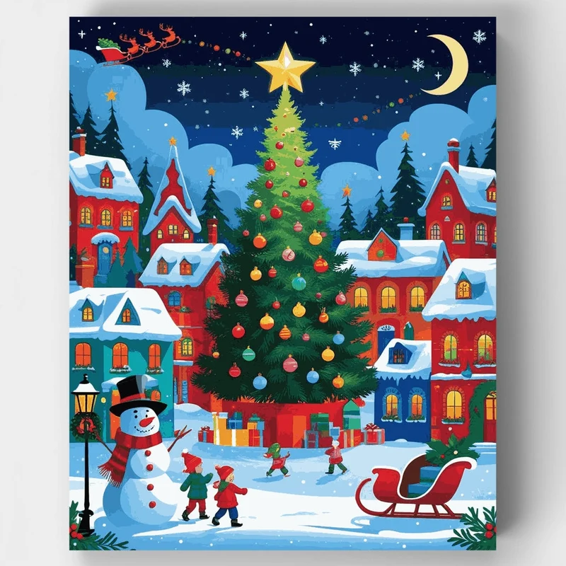 Christmas Village with Tree - Paint by Numbers Kit