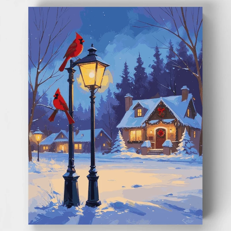 Winter Cardinals and Cottage - Paint by Numbers Kit