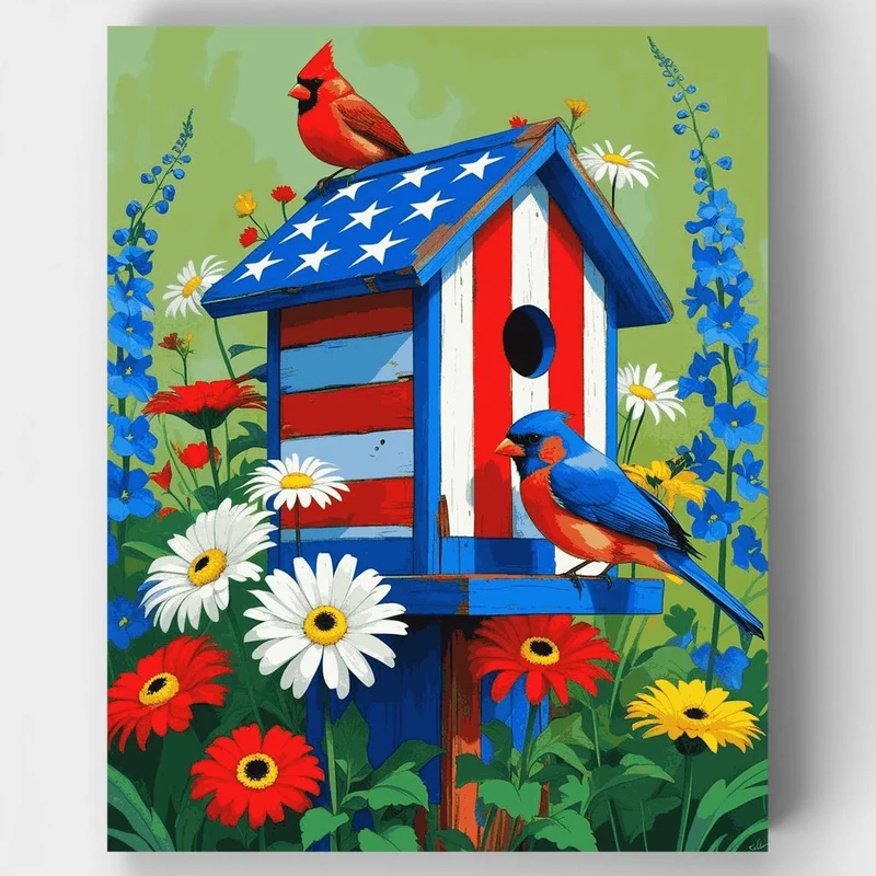 Patriotic Birdhouse with Cardinals - Paint by Numbers Kit