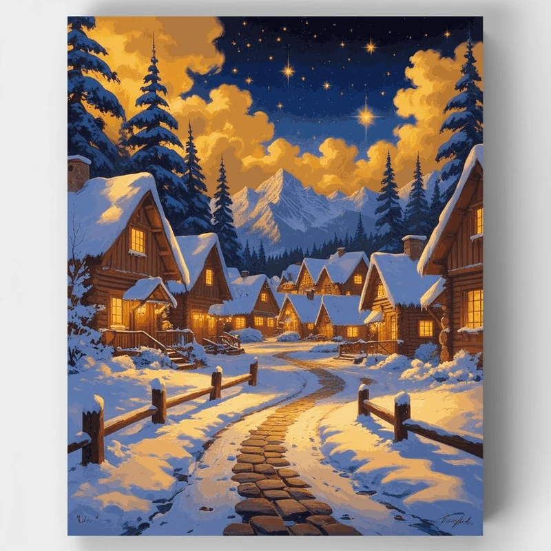 Snowy Mountain Village at Night - Paint by Numbers Kit