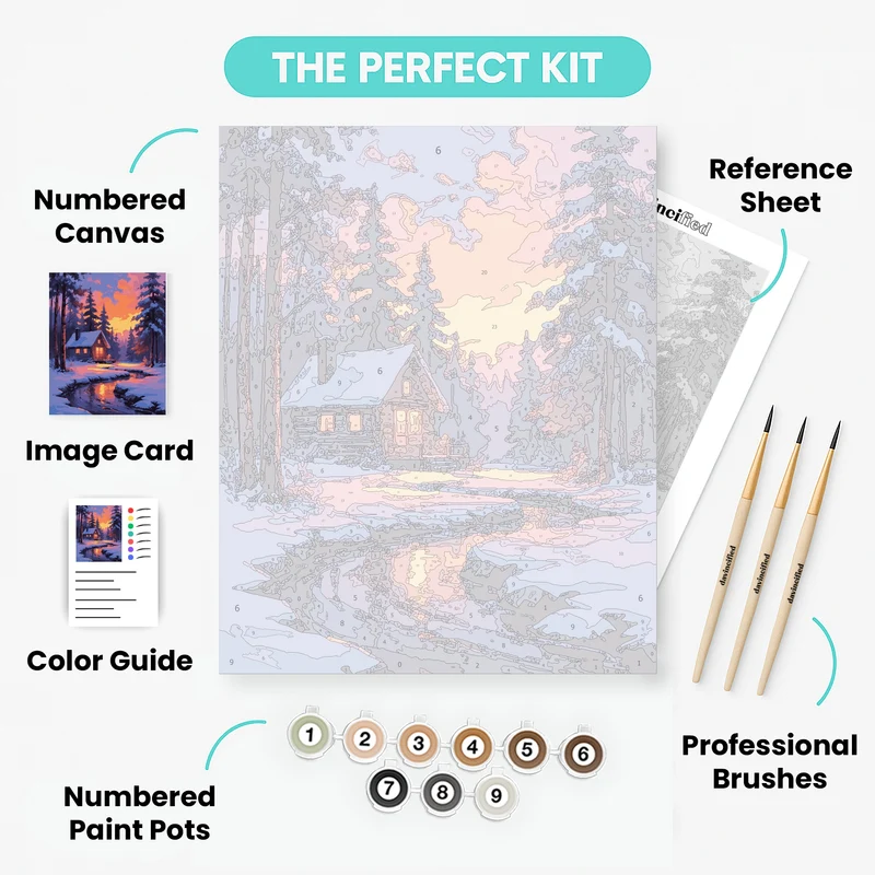 Snowy Cabin with Sunset Glow - Paint by Numbers Kit