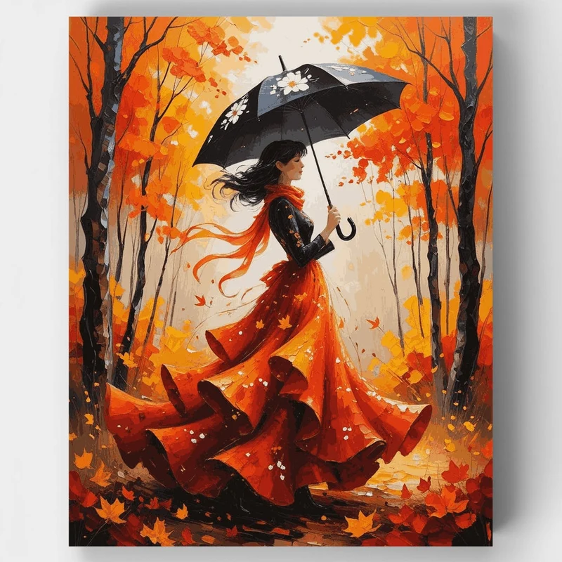 Autumn Lady with Black Umbrella - Paint by Numbers Kit