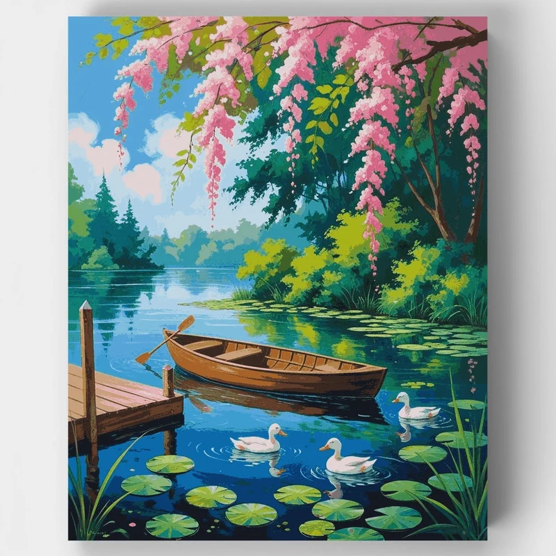 Serene Lake with Cherry Blossoms - Paint by Numbers Kit