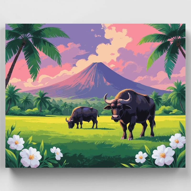 Tropical Water Buffalo with Mount Fuji - Paint by Numbers Kit