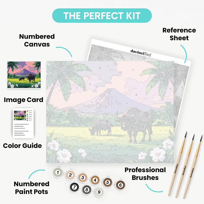 Tropical Water Buffalo with Mount Fuji - Paint by Numbers Kit