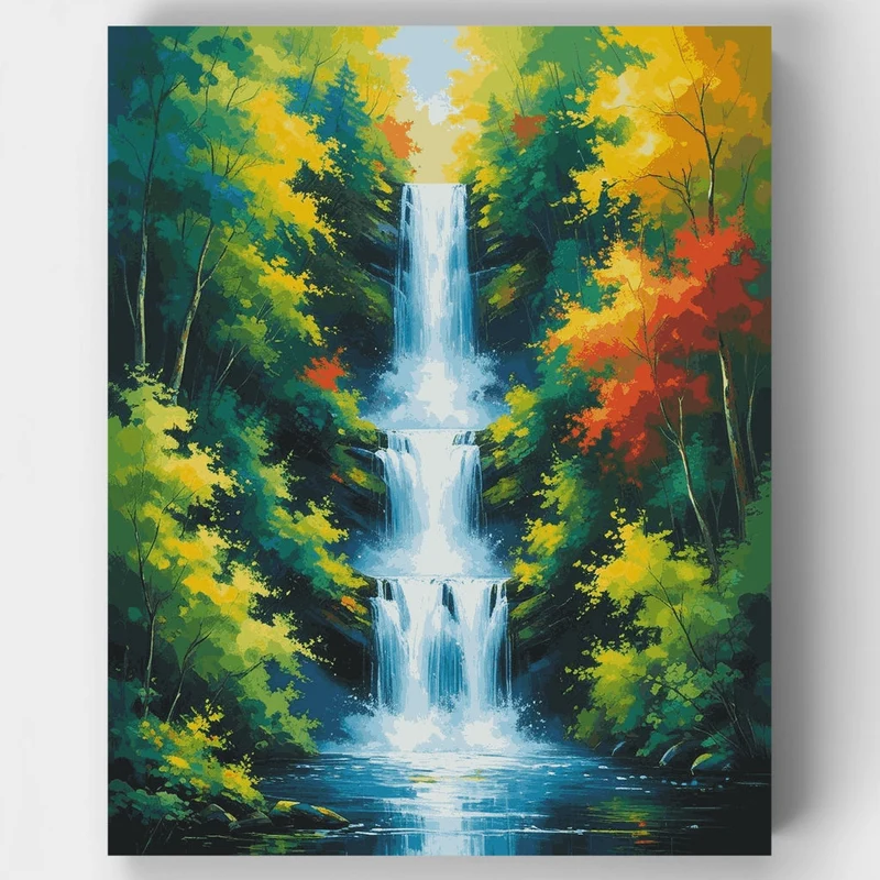 Cascading Waterfall in Autumn Forest - Paint by Numbers Kit